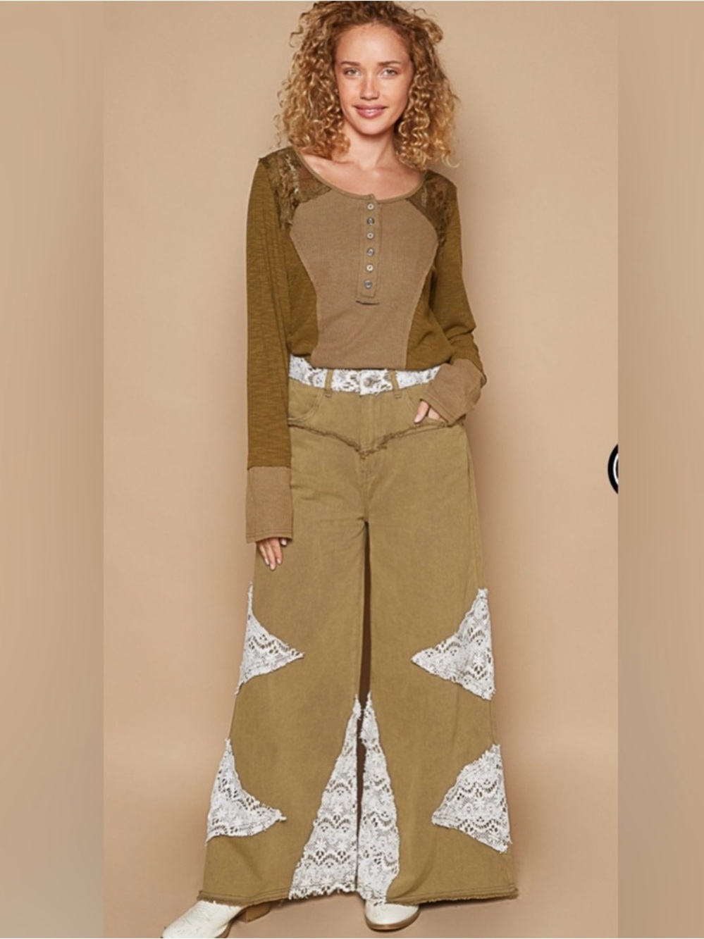 New: POL Olive Boho Floral Lace Patchwork Raw Seam Detail Wide Leg Pants• Small